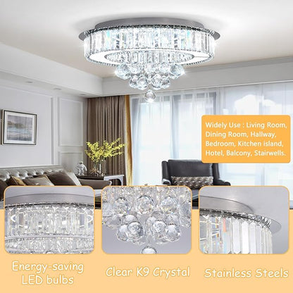 19.6" Silver Modern Crystal Chandeliers for Dining Room LED Dimmable Light Fixtures Flush Mount Light Living Room Bedrooms