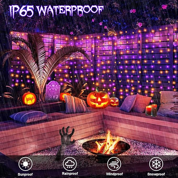 Purple Orange Curtain Lights Battery Operated Halloween 300 LED Hanging Curtain Lights with Remote 8 Modes Timer for Wedding Halloween Party Decór (9.8ft×9.8ft)