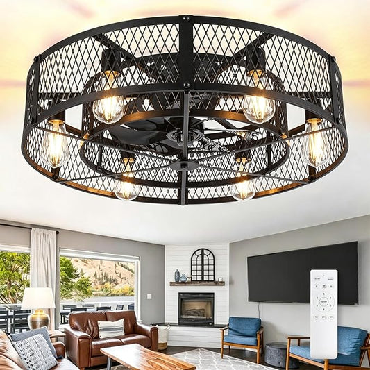 Depuley Low Profile Ceiling Fan: 26" Flush Mount Ceiling Fan Lights Reversible - Industrial Caged Ceiling Fans Light Fixture 6 Speeds for Bedroom Kitchen Black E26 Base Bulbs Not Included