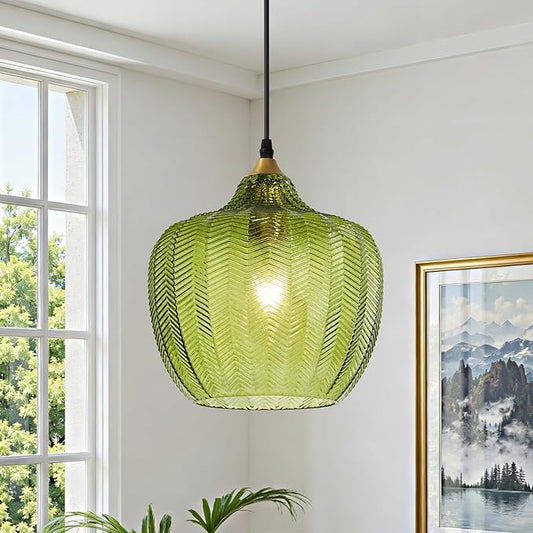 Modern Gold Pendant Light, Green Glass Farmhouse Kitchen Island Pendant Light Fixture Adjustable Vintage Hanging Ceiling Light for Dining Room Corridor 9.45 inch 1 Pack, UL Certification