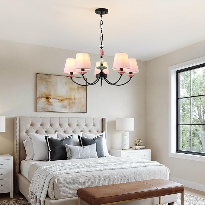 Pink Chandelier for Bedroom Light Fixture，Art Deco Chandelier with Fabric Shade,Antique Modern Chandeliers paired with Ceramic，Black Chandelier for Girls Bedroom，Living Room，Dining Room
