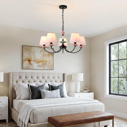 Pink Chandelier for Bedroom Light Fixture，Art Deco Chandelier with Fabric Shade,Antique Modern Chandeliers paired with Ceramic，Black Chandelier for Girls Bedroom，Living Room，Dining Room