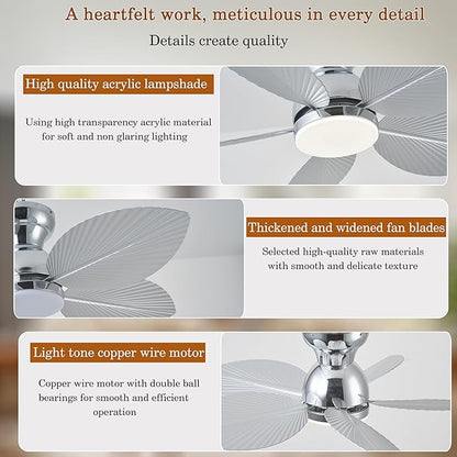 GJeg Tropical Ceiling Fans with Light, 38-inch Flush Mount Palm Leaf Ceiling Fans for Bedrooms, Indoors and Outdoors, Remote Control/APP Control, 6-Speed, Dimmable, Reversible,Chrome