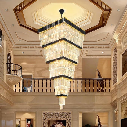 W40 x H120 Large Black Gold Chandeliers for High Ceiling, 37-Light Square Tiered K9 Crystal Raindrop Chandelier, Adjustable Height Luxury Pendant Light for Staircase, Villa Foyer, Entryway