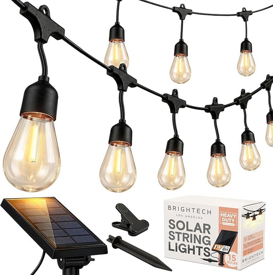 Brightech Ambience Pro Solar Powered Outdoor String Lights, 48 ft Commercial Grade Waterproof Patio Lights, Shatterproof LED String Lights for Outside, Porch - 15 Edison Bulbs, 1W Warm White