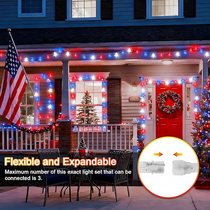 LAMPHOME Red White Blue Star String Lights, 33ft 100 LED Clear Wire Fairy Lights with 16 Modes, Plug-in Decor for 4th of July Patriotic Christmas Tree Bedroom Garden Wedding Birthday Party