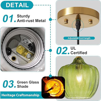 Modern Gold Pendant Light, Green Glass Farmhouse Kitchen Island Pendant Light Fixture Adjustable Vintage Hanging Ceiling Light for Dining Room Corridor 9.45 inch 1 Pack, UL Certification