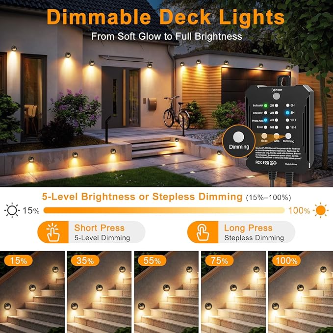 Low Voltage LED Deck Lights Kit with Plug-in Transformer, Dusk-to-Dawn Timer and Photocell Sensor, 3000K Warm White IP67 Waterproof Outdoor Step Lights for Deck Stairs, Railing, Fence, Patio (6 Pack)