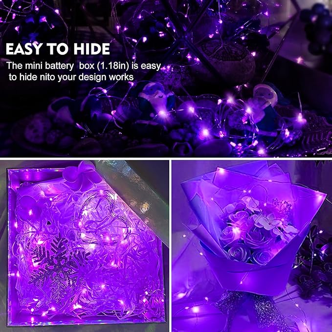 AIKEI 100 Pack LED Fairy Lights Battery Operated, Fairy String Lights 3 Modes Waterproof 7 Feet 20 Led Firefly Starry Lighting for Wedding Party Bedroom Garden Christmas Decoration Purple
