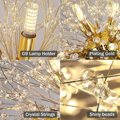 Modern Firework Gold Crystal Chandeliers,Sputnik Dandelion Chandelier Light Fixture Pendant Lighting for Dining Room,Living Room,Bedroom,Kitchen,Restaurant- 9 Lights