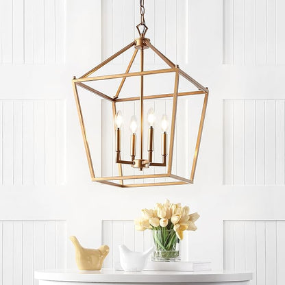 JONATHAN Y 16" Antique Gold Lantern Pendant Light, 4-Light Pagoda Style Metal Cage Farmhouse Hanging Ceiling Fixture for Kitchen Island, LED Bulb Included (JYL7437B)