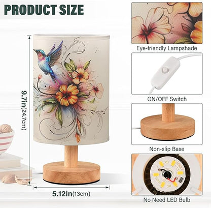 Table Lamp Hummingbird Floral Flower Nightstand Lamp with Wood Base Fabric Lamp Shade Bedside Desk Lamp for Living Room Bedroom Kids Room Office