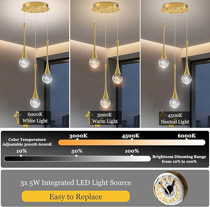 Modern Crystal Kitchen Island Chandelier 3-Lights Gold, LED Dimmable Raindrop Indoor Lighting Fixture for Dining Room Foyer Entryway Remote Control