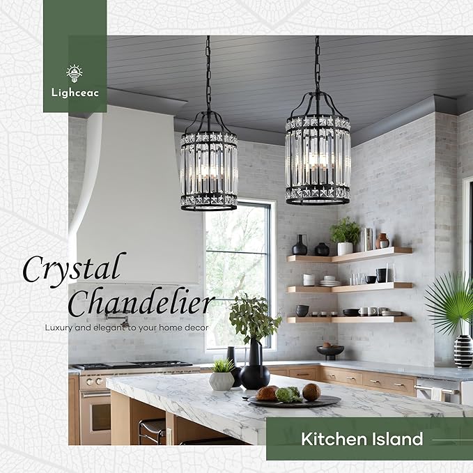 Modern Black Pendant Island Light Fixtures for Kitchen, Luxury Elegant Crystal Small 4-Light Chandeliers for Dining Room, Industrial Cage Hanging Ceiling Lighting for Bedroom Foyer Hallway