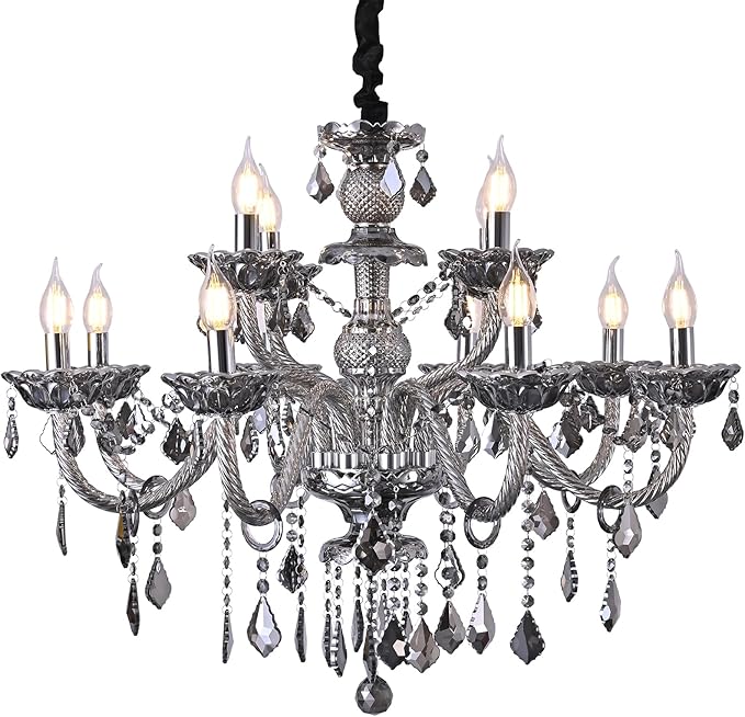 Modern Crystal Chandelier Lighting 12-Light, Smoky Gray Luxury Chandelier Ceiling Light Fixtures Hanging Crystal Light for Dining Room Living Room Bedroom(12 Lights)