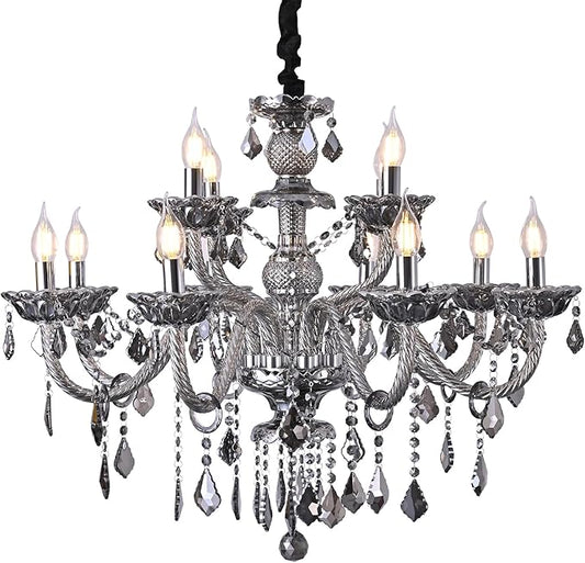 Modern Crystal Chandelier Lighting 12-Light, Smoky Gray Luxury Chandelier Ceiling Light Fixtures Hanging Crystal Light for Dining Room Living Room Bedroom(12 Lights)