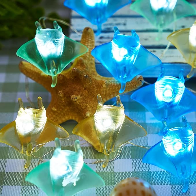 Sea Life Decor Ocean Fish Manta Ray String Lights Indoor Outdoor Nautical Theme Ocean Beach Decorative Lights Cute Marine Life Fairy Lights 30LED 10ft Battery Operated for Bedroom Garden Camp Tent