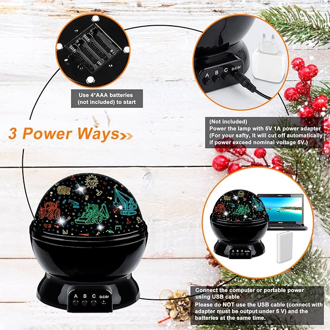 Kids Night Light Projector for Boys, Cars Nightlight and Star Projector Lamp, 360° Rotating Ceiling Light, Car Truck Night Light for Bedroom, Kids Sensory Toys Birthday Gifts for Boys Age 3-7