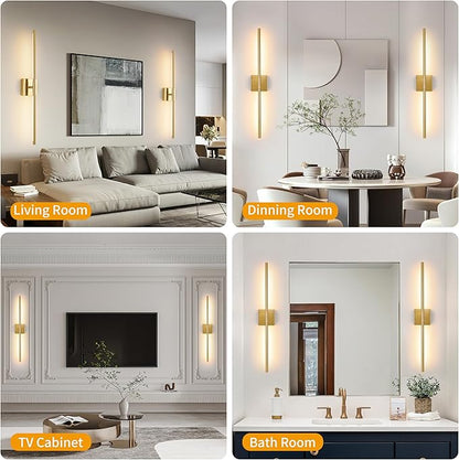 Morauroral 36 Inch Battery Operated Wall Sconces Set of 2, Dimmable Battery Wall Sconce with Remote Control, Gold LED Rechargeable Sconces, Modern Wireless Wall Lights for Bedroom, Living Room
