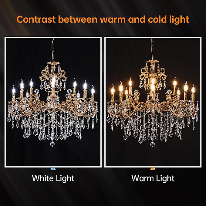 Wellmet Crystal Chandeliers Vintage Antique Bronze Chandelier 12 Lights Candle Pendant Ceiling Light Fixture for Dining Room Living Room Kitchen Bedroom Hallway Entryway Dia 35.9"