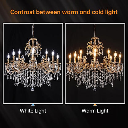 Wellmet Crystal Chandeliers Vintage Antique Bronze Chandelier 12 Lights Candle Pendant Ceiling Light Fixture for Dining Room Living Room Kitchen Bedroom Hallway Entryway Dia 35.9"