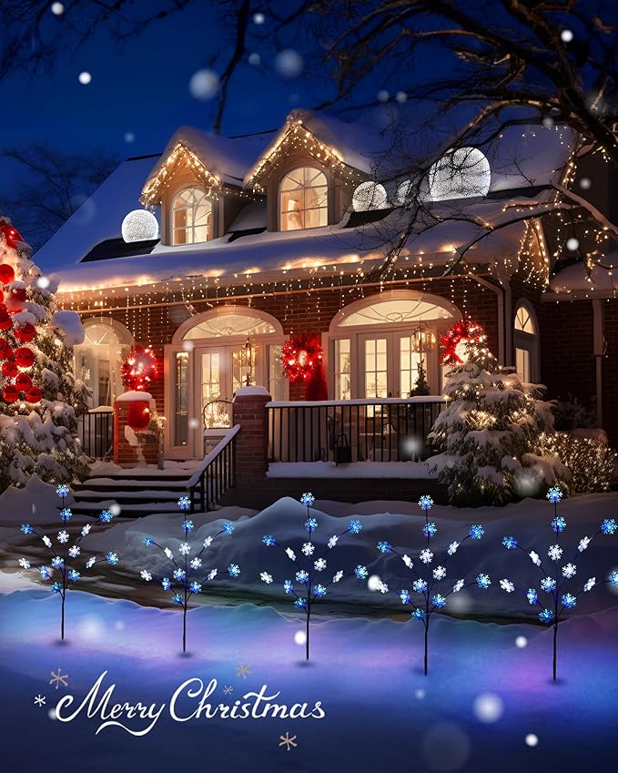 Brightown Snowflake Pathway Lights, 4 Packs Christmas Yard Decor, Small Christmas Tree with Lights, Blue and White
