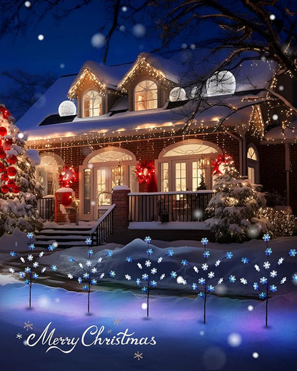 Brightown Snowflake Pathway Lights, 4 Packs Christmas Yard Decor, Small Christmas Tree with Lights, Blue and White