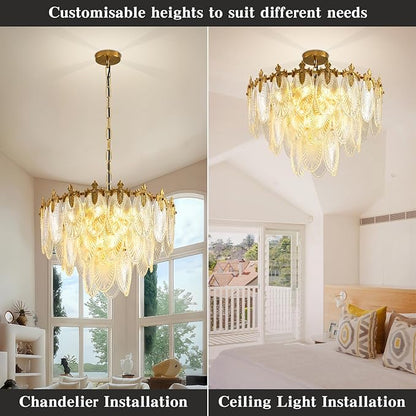 KELUOLY Antique Chandelier 3-Tier Glass Crystal Chandeliers, 9-Lights Gold Round Pendant Light 23.6" Brushed Brass Adjustable Height, Applicable to Dining Room, Bedroom, Living Room, Foyer, Kitchen
