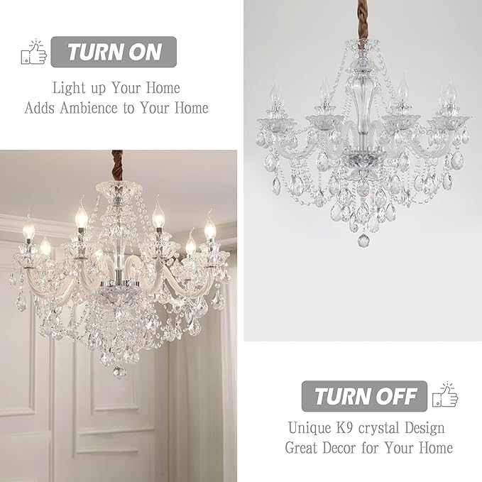 Bagood Clear 8 Lights K9 Crystal Candle Chandeliers Lighting Modern Pendant Lights Ceiling Fixture Lamp for Dining Living Room Bedroom Entry Elegant Decoration E12 Base, H20.5 x W28.3 Inch