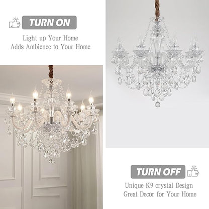 Bagood Clear 8 Lights K9 Crystal Candle Chandeliers Lighting Modern Pendant Lights Ceiling Fixture Lamp for Dining Living Room Bedroom Entry Elegant Decoration E12 Base, H20.5 x W28.3 Inch