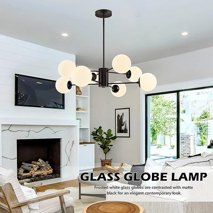 Bagood 8-Light Globe Sputnik Chandelier Black Mid Century Modern Light Fixture Matte Black Finished with White Frosted Globe Glass Lampshade Sputnik Chandeliers for Dining Room Bedroom Kitchen Island