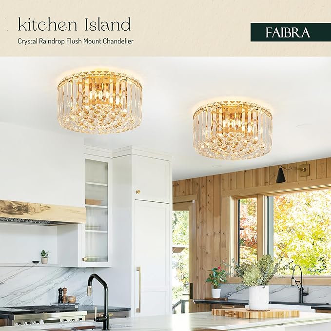 12.6" Gold K9 Crystal Raindrop Flush Mount Ceiling Light, Modern Chandelier, Round Luxury Light Fixture for Dining Room, Bedroom, Hallway, Kitchen Island & Living Room