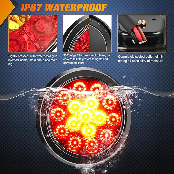 Nilight 2PCS 4 Inch Round Red Amber LED Trailer Tail Lights 16LEDs w/Flush Mount Grommet IP67 Waterproof Stop Brake Turn Signal Running Taillight for Trucks Trailers RV