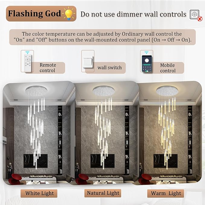 Flashing God High Ceiling Chandeliers Long Spiral Chandeliers for Entryway H144inch Modern Crystal Chandelier for Staircase Foyer Living Room Sloped Ceilings Light Fixture