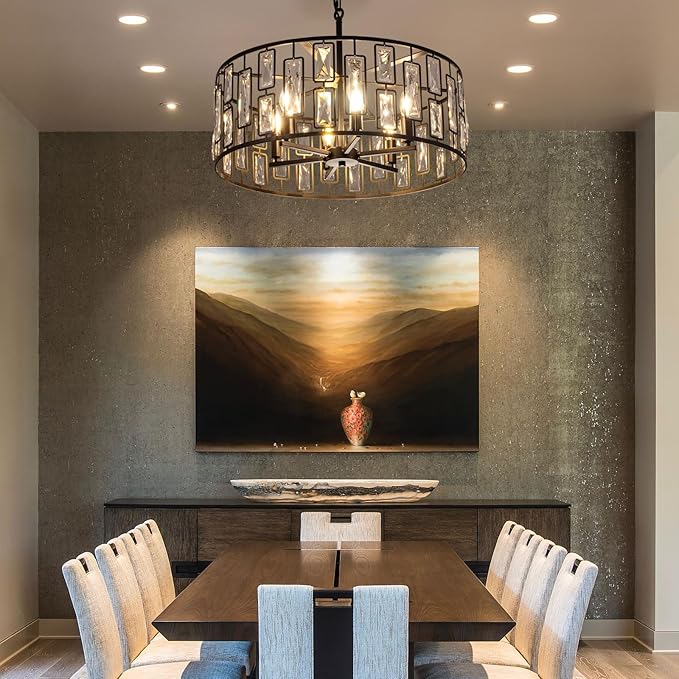 Wellmet Black Crystal Chandeliers 24in, 6 Lights Round Ceiling Light Fixture for Dining Room, Modern Farmhouse Drum Chandelier for Living Room, Bedroom, Bathroom, Kitchen, Entryway, Hallway