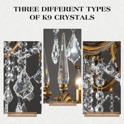 Gold Crystal Chandelier, 10-Light Antique Bronze Candle Pendant Ceiling Light Fixture with K9 Crystals for Dining and Living Room, Bedroom, Kitchen Island, Hallway, Dia 36"