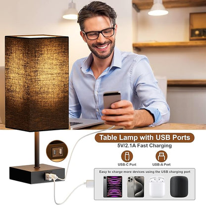 Bedside Table Lamps Set of 2, Touch Bedroom Lamp with USB C+A Charging Ports, 3 Way Dimmable Lamps for Night Stands, Small Table Lamp for Bedroom Decor, LED Bulbs Included, Upgraded Black