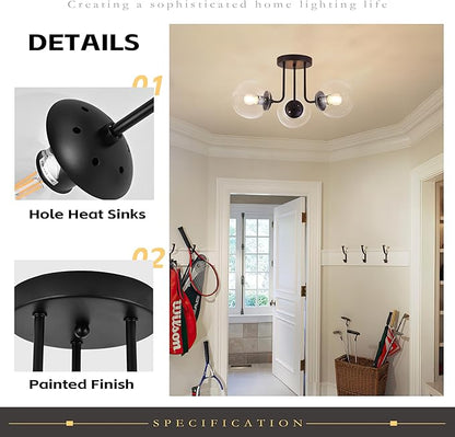 KoKo&Yukina 3-Light Semi Flush Mount Ceiling Light Globe Lights Mid Century Ceiling Light with Clear Glass Globe & Matte Black for Bedroom Hallway Entryway Kitchen Living Room (Bulb Incl.)