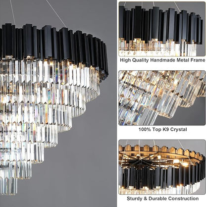 40" Black Chandelier, 21-Light Modern Crystal Chandelier, 7-Tier Round Chandeliers for Dining Room, Living Room, Bedroom, Foyer, Entryway, Kitchen, Restaurant, Luxury Tiered K9 Crystal Light Fixture