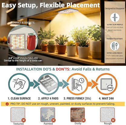 Under Shelf Grow Light, USB Powered Adhesive Stick On LED Under Cabinet Puck Light with Timer, Full Spectrum High PPFD Small Plant Light for Shelves, Indoor Plants, Terrarium, Display Case (3500K)