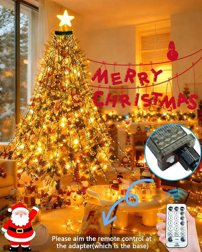 2025 New Christmas Tree Lights Indoor with Voice Control & Remote | 448LED Waterfall Tree Topper Lights with 12 Modes & Timer, 7FT x 16 Lines Cascading Twinkle Lights for 7FT Xmas Decor(Warm White)