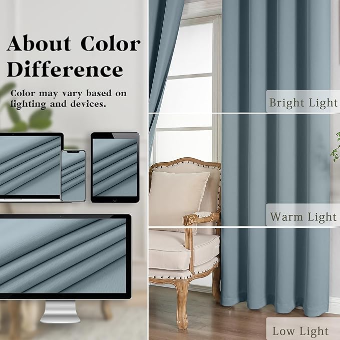 Simplebrand Stone Blue Curtains for Bedroom Living Room 90 Inches Long 2 Panels Set, Room Darkening Thermal Insulated Curtains & Drapes, Solid Grommet Noise Reducing Window Treatment, W50 x L90 Inch