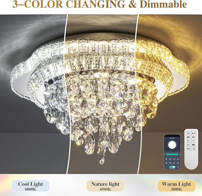 Silver 24" Modern Flush Mount Chandelier for Living Room, LED Crystal Ceiling Light for Bedroom,Elegant Dining Room Lighting Fixture with Remote Control, 3CCT Dimmable