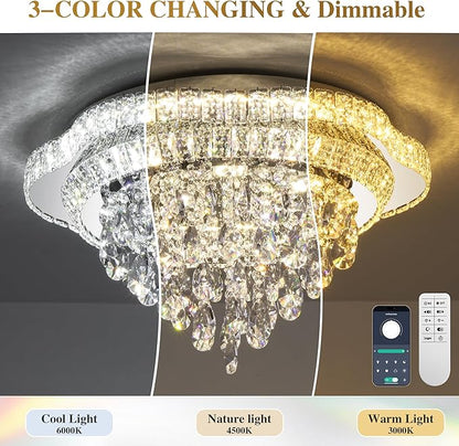 Silver 24" Modern Flush Mount Chandelier for Living Room, LED Crystal Ceiling Light for Bedroom,Elegant Dining Room Lighting Fixture with Remote Control, 3CCT Dimmable