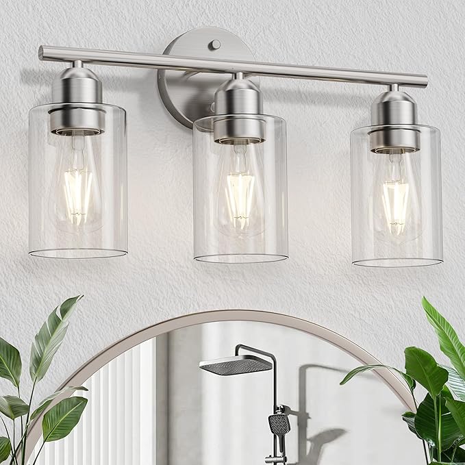 Bathroom Vanity Light Fixtures Brushed Nickel, 3 Lights Bathroom Over Mirror, UL Certified, Modern Wall Lighting Fixtures with Glass Shade, E26 Socket