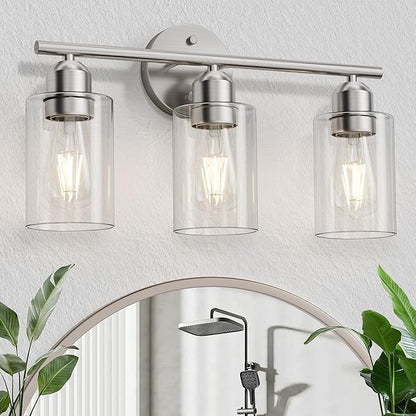 Bathroom Vanity Light Fixtures Brushed Nickel, 3 Lights Bathroom Over Mirror, UL Certified, Modern Wall Lighting Fixtures with Glass Shade, E26 Socket