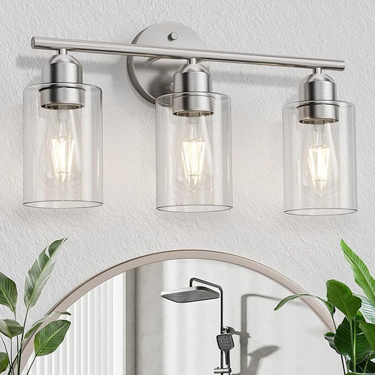 Bathroom Vanity Light Fixtures Brushed Nickel, 3 Lights Bathroom Over Mirror, UL Certified, Modern Wall Lighting Fixtures with Glass Shade, E26 Socket
