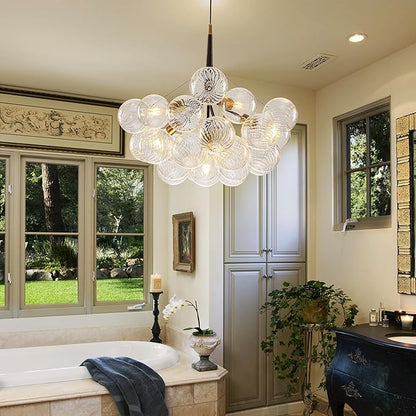 Longree Bubble Ball Glass Chandelier Black and Gold, 24 inches Swirled Blown Glass Globe Cluster Pendant Light Fixture for Bedroom Island Restaurant