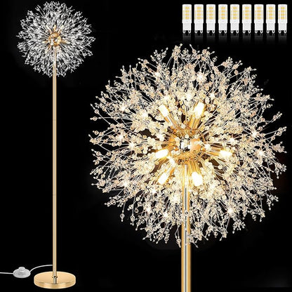 BesLowe 69'' Crystal Floor Lamp for Living Room, Modern Standing Lamp with 738PCS K9 Crystals, Tall Lamp Pole Light for Bedroom Office, Mid Century Gold Floor Lighting with 9 LED Bulbs, Antique Brass