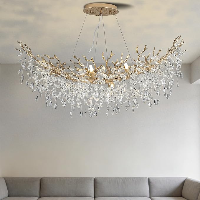 Modern Crystal Tree Branches Chandelier, 40in Gold 10 Lights Large Ceiling Hanging Light for Dining Room, Arc Raindrop Pendant Light Fixture